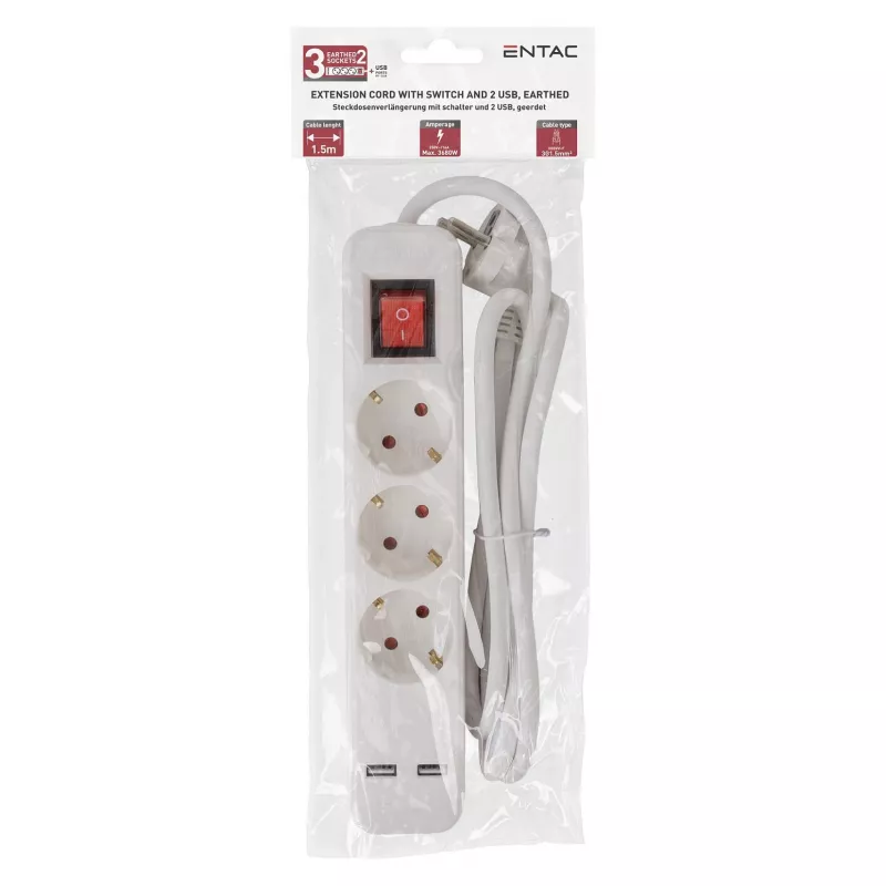 ENTAC Πολύπριζο 3 θέσεων με USB 1,5m διακόπτης λευκό