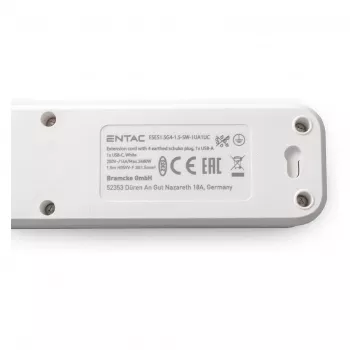 ENTAC Πολύπριζο 4 θέσεων με 1x USB-A & 1x USB-C, 1,5m λευκό