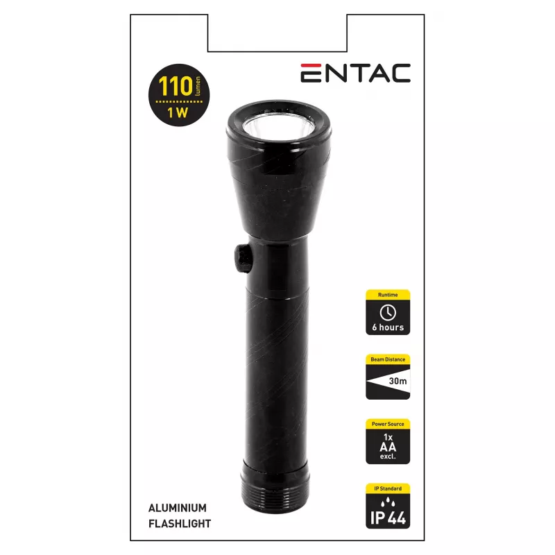 ENTAC 1W LED Φακός Αλουμίνιο Μαύρο Μπαταρία AA