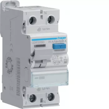 HAGER CDF525D Ρελέ Διαφυγής 2P 10kA 25A 30mA Τύπος F