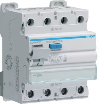 Hager CDF640D Ρελέ Διαφυγής 4 Πολικό 10kA 40A 30mA Τύπος F
