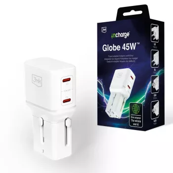 3mk incharge® Globe 45W™ 2C PD QC4+ PPS SCP AFC US/EU/AUS/UK λευκό