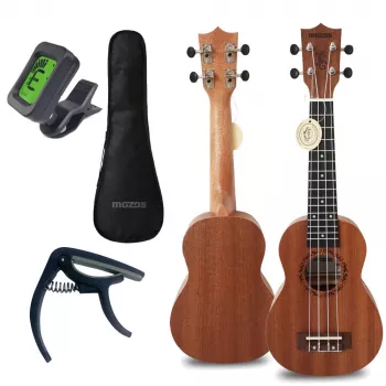 MOZOS GECKO Σετ σοπράνο ουκουλέλε – φυσικό ξύλο, 12 τάστα, νάιλον χορδές, με gigbag, κουρδιστήρι, πένες, λουρί, εφεδρικές χορδές, πανί καθαρισμού