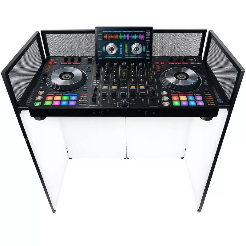 MOZOS EPDJ-100 Πρόσοψη σκηνής DJ με τραπέζι - Μεγάλη οθόνη, λευκό πάνελ, μαύρο πλαίσιο