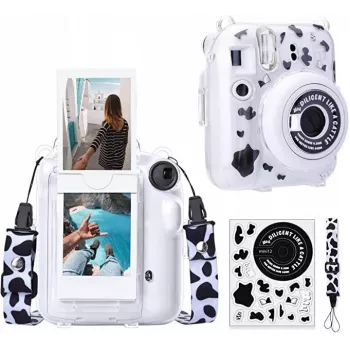 LOVEINSTANT Θήκη για Fujifilm Instax Mini 12 με αυτοκόλλητα - Σχέδιο αγελάδας