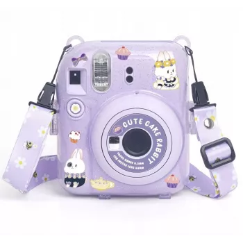 LOVEINSTANT Θήκη για Fujifilm Instax Mini 12 - Sweet Rabbit Design, Μωβ Glitter, με αυτοκόλλητα και θήκη φωτογραφιών