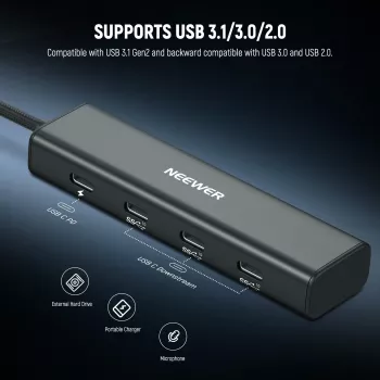 NEEWER PS020E USB-C Hub 4-in-1 με 5x USB-C 10Gbps 100W PD, υποδοχή ψυχρής βάσης και σπείρωμα 1/4 ίντσας