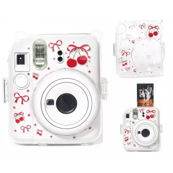 LOVEINSTANT Σκληρή Θήκη Προστασίας για Fujifilm Instax Mini 12 - Μοτίβο Κόκκινο-Κεράσι με Λουρί Ώμου