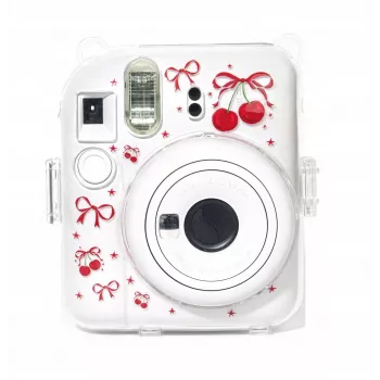 LOVEINSTANT Σκληρή Θήκη Προστασίας για Fujifilm Instax Mini 12 - Μοτίβο Κόκκινο-Κεράσι με Λουρί Ώμου