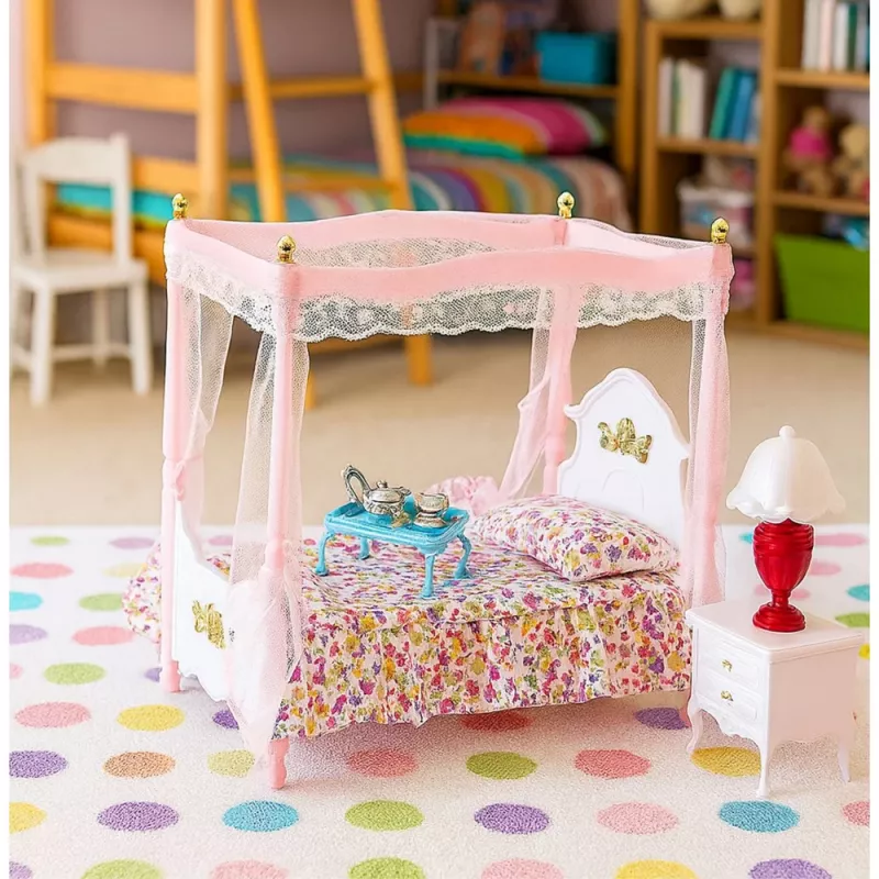 LEAN TOYS Σετ επίπλων κούκλας: Κρεβάτι με ουρανό, Κομοδίνα, Λάμπες