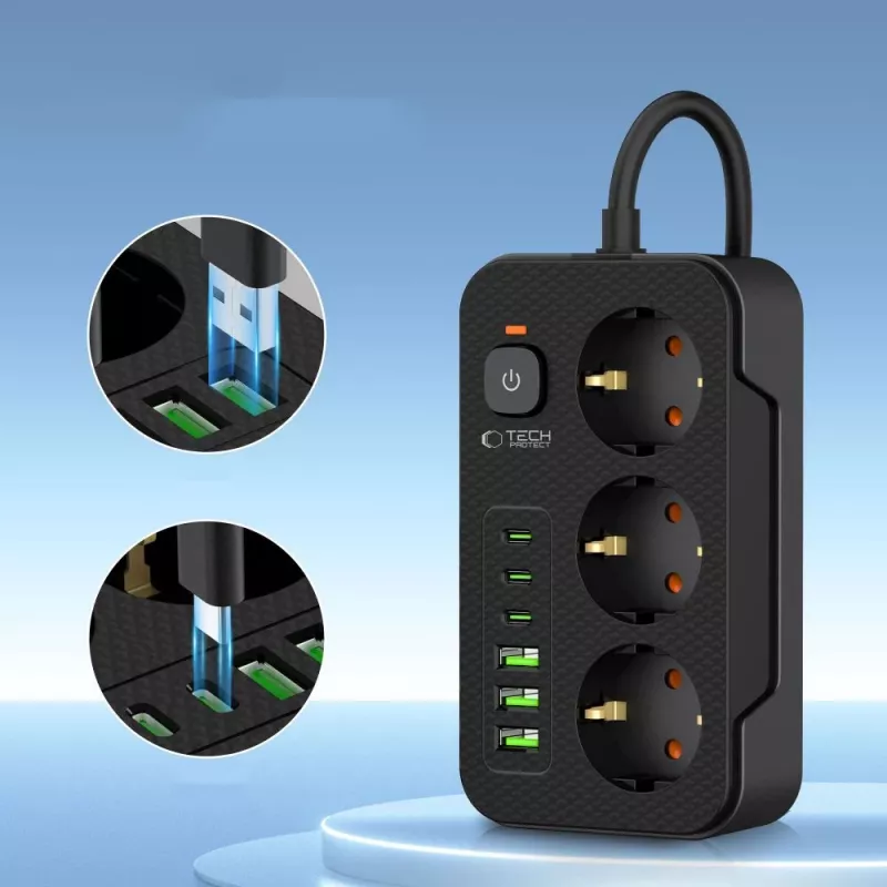 TECH-PROTECT PC3X6 Πολύπριζο 3 USB & 3 Type-C & 3 Πρίζες 200cm Μαύρο
