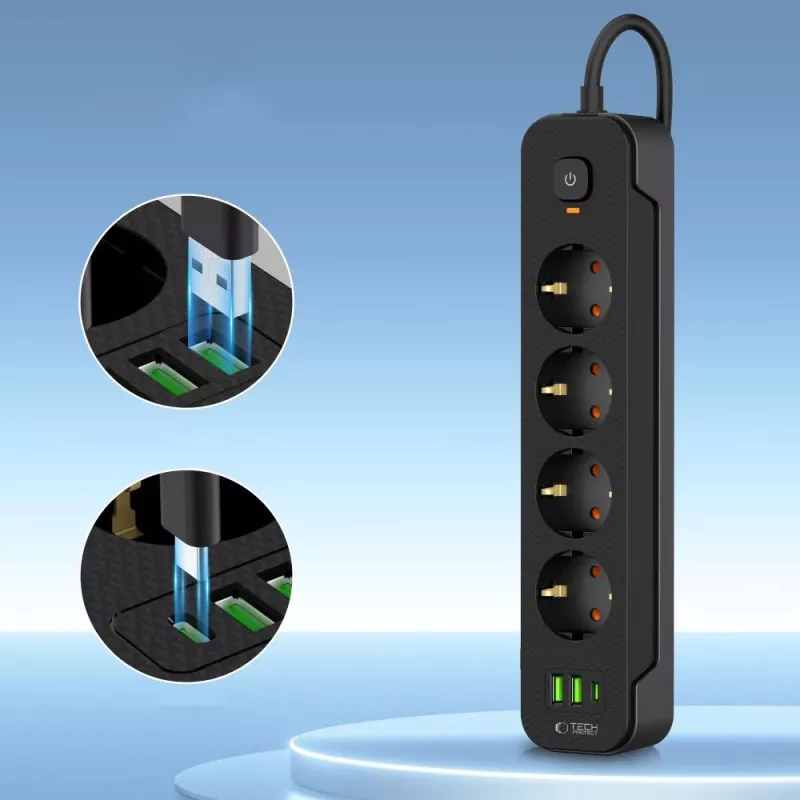 TECH-PROTECT PCL4X3 Πολύπριζο Long 2 USB & 1 Type-C & 4 Πρίζες 200cm Μαύρο
