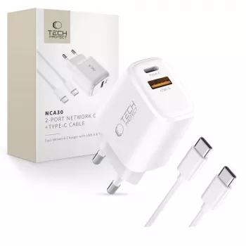 TECH-PROTECT NCA30 Φορτιστής δικτύου 2 θυρών PD 30W / QC3.0 + Καλώδιο USB-C Λευκό