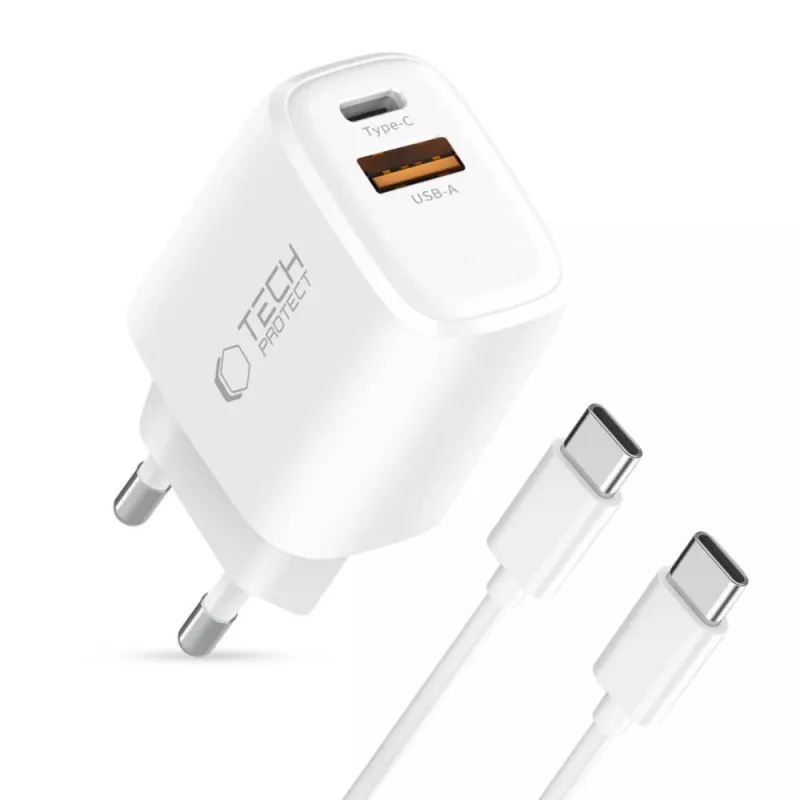 TECH-PROTECT NCA30 Φορτιστής δικτύου 2 θυρών PD 30W / QC3.0 + Καλώδιο USB-C Λευκό