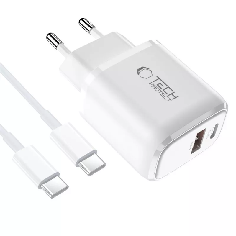 TECH-PROTECT NCA30 Φορτιστής δικτύου 2 θυρών PD 30W / QC3.0 + Καλώδιο USB-C Λευκό