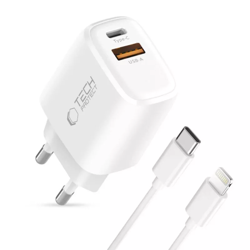 TECH-PROTECT NCA30 Φορτιστής δικτύου 2 θυρών PD 30W / QC3.0 + Καλώδιο Lightning Λευκό