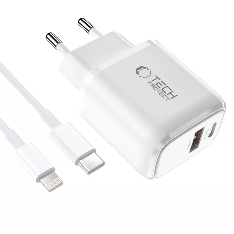 TECH-PROTECT NCA30 Φορτιστής δικτύου 2 θυρών PD 30W / QC3.0 + Καλώδιο Lightning Λευκό