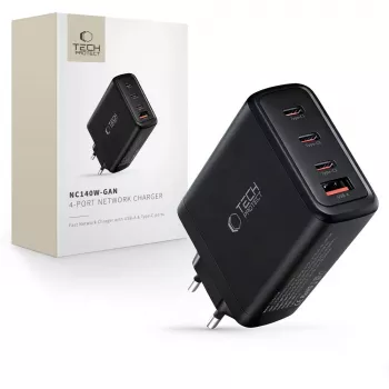 TECH-PROTECT NC140W-GAN Φορτιστής Δικτύου 4 Θυρών PD 140W / QC3.0 Μαύρο