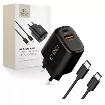 TECH-PROTECT NCA45W-GAN Φορτιστής Δικτύου 2 Θυρών PD 45W / QC3.0 + Καλώδιο USB-C Μαύρο