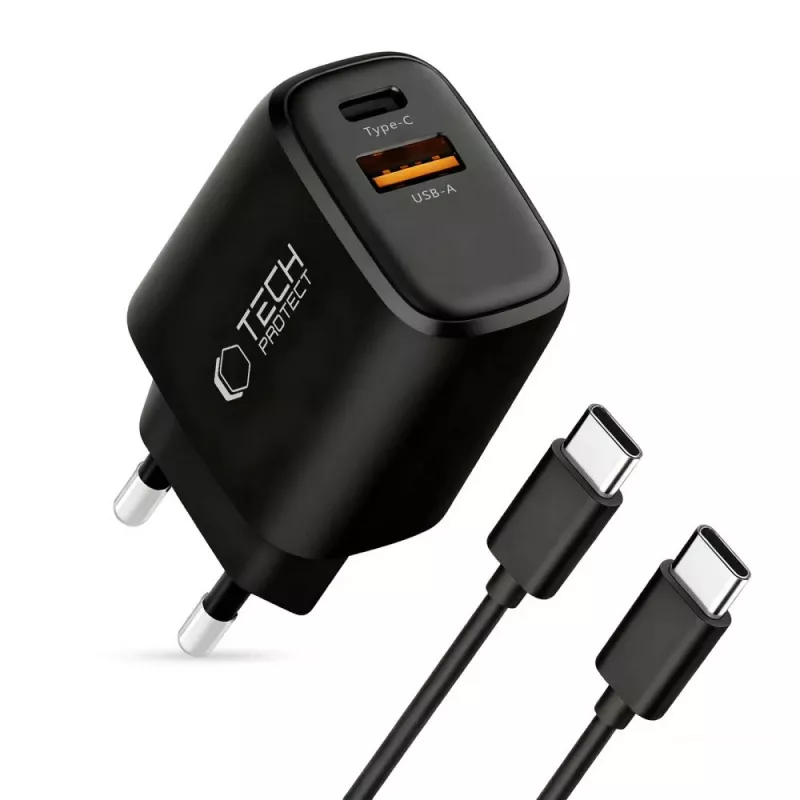 TECH-PROTECT NCA45W-GAN Φορτιστής Δικτύου 2 Θυρών PD 45W / QC3.0 + Καλώδιο USB-C Μαύρο