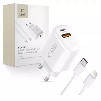 TECH-PROTECT NCA45W-GAN Φορτιστής Δικτύου 2 Θυρών PD 45W / QC3.0 + Καλώδιο Lightning Λευκό