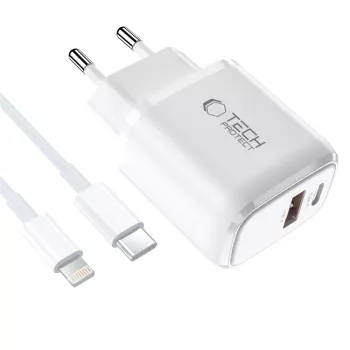 TECH-PROTECT NCA45W-GAN Φορτιστής Δικτύου 2 Θυρών PD 45W / QC3.0 + Καλώδιο Lightning Λευκό