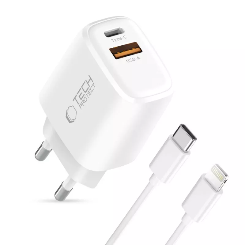 TECH-PROTECT NCA45W-GAN Φορτιστής Δικτύου 2 Θυρών PD 45W / QC3.0 + Καλώδιο Lightning Λευκό