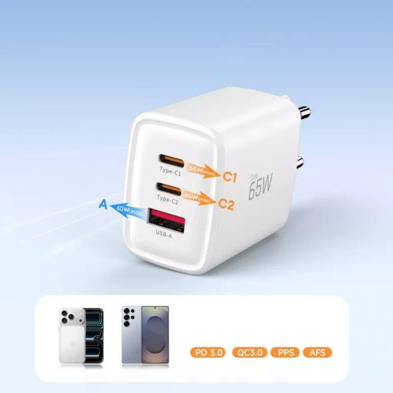 TECH-PROTECT NCA65W-GAN Φορτιστής Δικτύου 3 Θυρών PD 65W / QC3.0 Λευκό