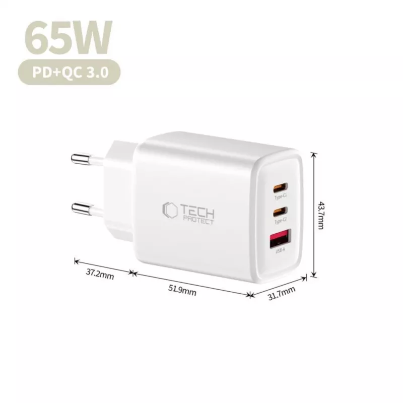 TECH-PROTECT NCA65W-GAN Φορτιστής Δικτύου 3 Θυρών PD 65W / QC3.0 Λευκό