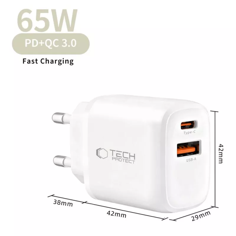 TECH-PROTECT NCA65W-GAN Φορτιστής Δικτύου 2 Θυρών PD 65W / QC3.0 Λευκό