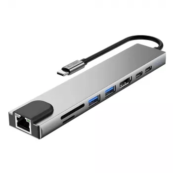 TECH-PROTECT HB09 Hub Adapter 8-in-1 USB-C σε USB-A 3.0, USB-C 3.0, HDMI 4K 60Hz, SD/TF, PD 100W, RJ45 Gigabit Ethernet, Space Grey