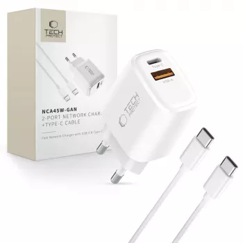 TECH-PROTECT NCA45W-GAN Φορτιστής Δικτύου 2 Θυρών PD 45W / QC3.0 + Καλώδιο USB-C Λευκό