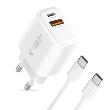 TECH-PROTECT NCA45W-GAN Φορτιστής Δικτύου 2 Θυρών PD 45W / QC3.0 + Καλώδιο USB-C Λευκό