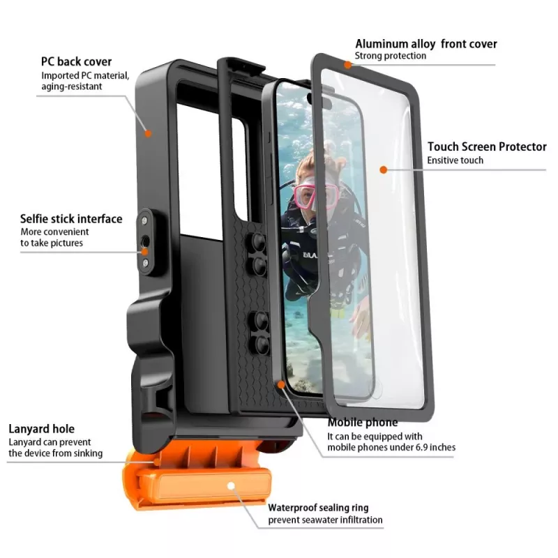 TECH-PROTECT IPX8 PRO Universal Αδιάβροχη Θήκη Κατάδυσης Μαύρο/Πορτοκαλί
