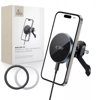 TECH-PROTECT MM15W-V5 Magnetic MagSafe Σταθερή Βάση Αυτοκινήτου Αεραγωγού Ασύρματος Φορτιστής 15W Μαύρο/Μαύρο