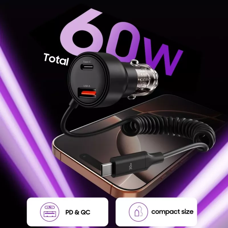 TECH-PROTECT CC05 2-Port Φορτιστής Αυτοκινήτου PD 60W + Καλώδιο Μαύρο