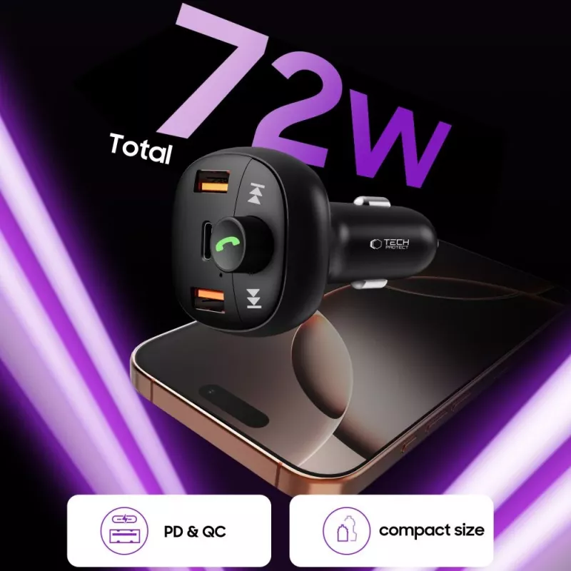 TECH-PROTECT CC06 3-Port Φορτιστής Αυτοκινήτου PD 72W + FM-Transmitter Bluetooth Μαύρο