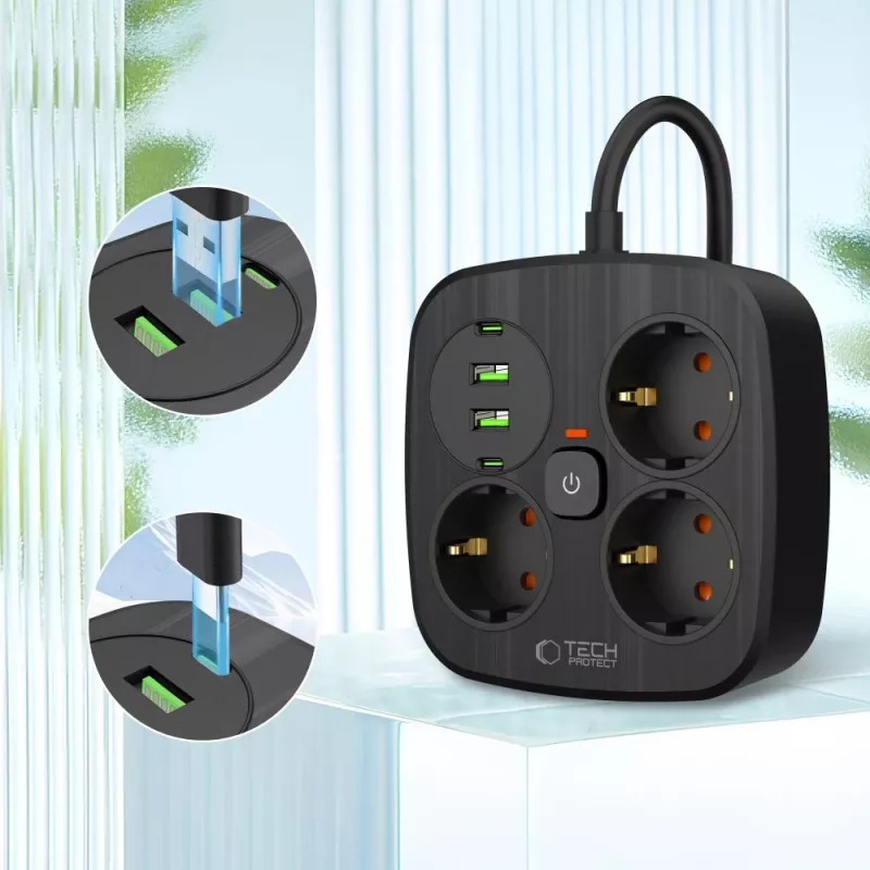 TECH-PROTECT PCS3X4 Πολύπριζο 2 USB & 2 Type-C & 3 Πρίζες 200cm Μαύρο