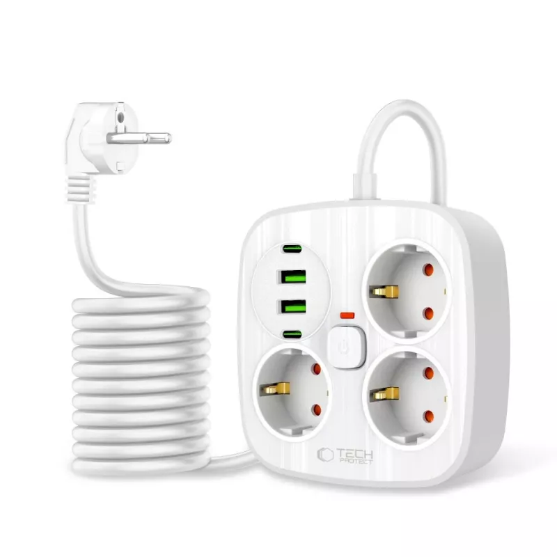 TECH-PROTECT PCS3X4 Πολύπριζο 2 USB & 2 Type-C & 3 Πρίζες 200cm Λευκό