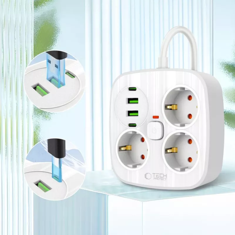TECH-PROTECT PCS3X4 Πολύπριζο 2 USB & 2 Type-C & 3 Πρίζες 200cm Λευκό