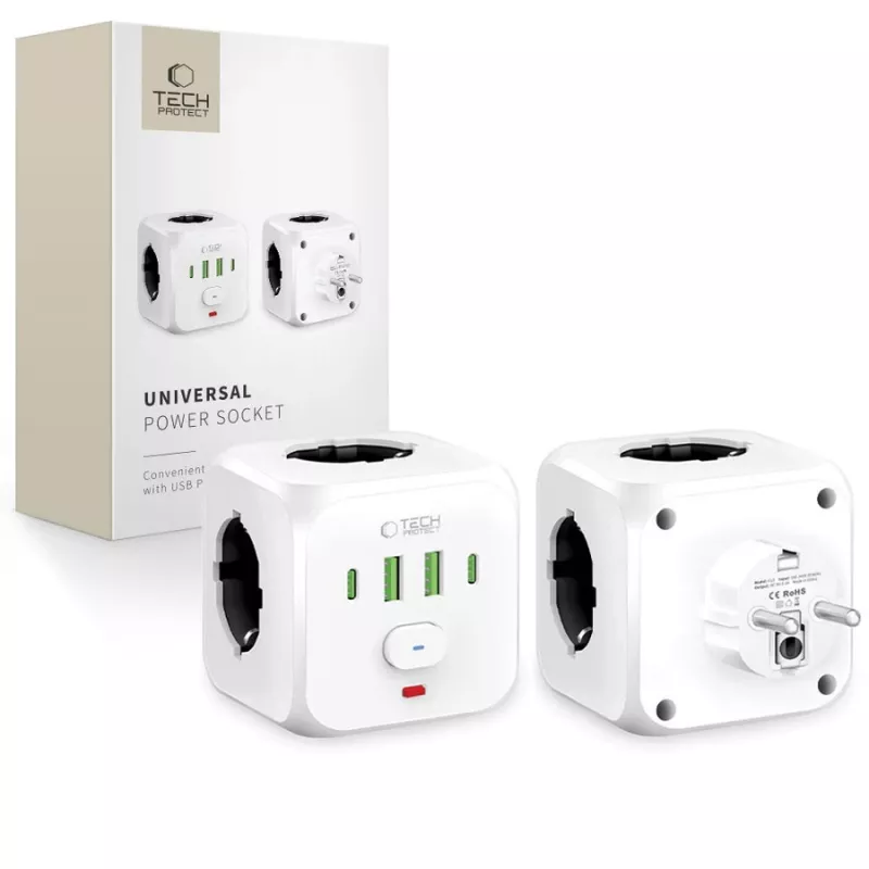 TECH-PROTECT PCL3X4 Πολύπριζο 3 υποδοχές Schuko 2 USB-A 2 USB-C 2m λευκό