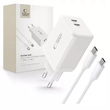 TECH-PROTECT NC45W-GAN Φορτιστής δικτύου 2 θυρών PD 45W + καλώδιο USB-C λευκό