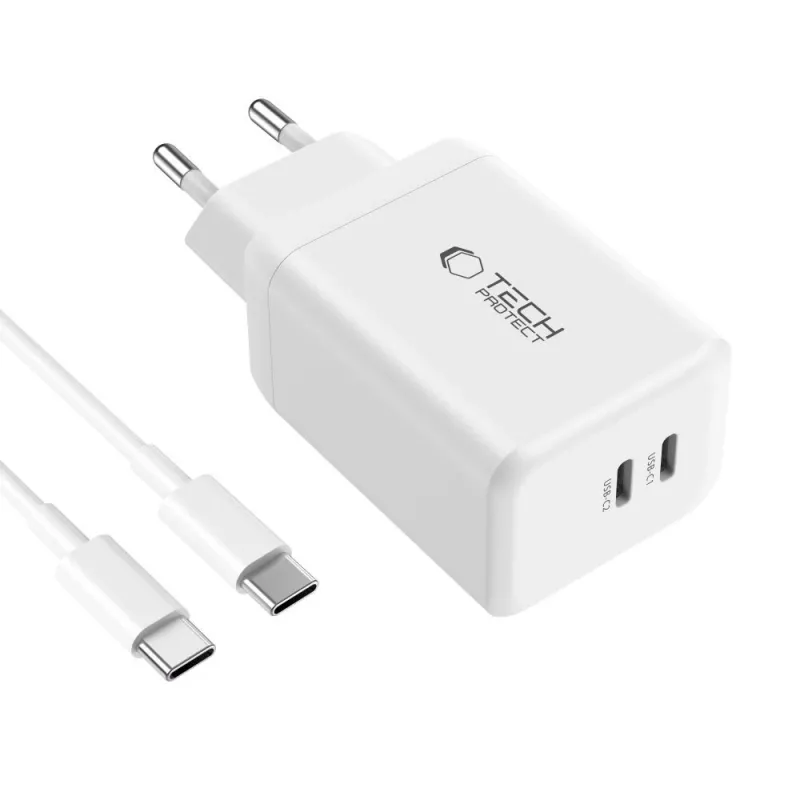 TECH-PROTECT NC45W-GAN Φορτιστής δικτύου 2 θυρών PD 45W + καλώδιο USB-C λευκό