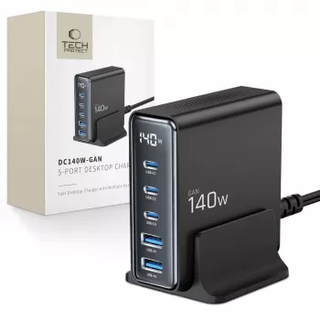 TECH-PROTECT DC140W-GAN Επιτραπέζιος φορτιστής 5 θυρών PD 140W / QC3.0 μαύρο