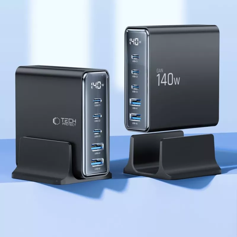 TECH-PROTECT DC140W-GAN Επιτραπέζιος φορτιστής 5 θυρών PD 140W / QC3.0 μαύρο