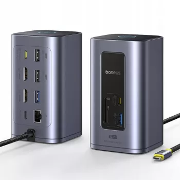 Baseus Air Spacemate 12-in-1 USB-C Hub, 2x HDMI 4K@60Hz, 2x USB-C 10Gbps, 2x USB-A 5Gbps, 2x USB-A 480Mbps, RJ45, SD/microSD, USB-C PD, Γκρι