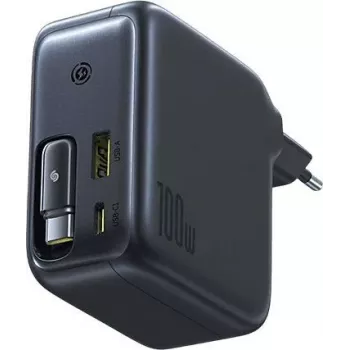 Baseus EnerCore CJ11 100W Τροφοδοτικό GaN με ανασυρόμενο καλώδιο USB-C, 2 θύρες USB-C και 1 θύρα USB-A, μαύρο