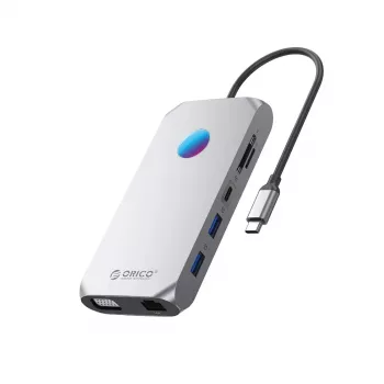 ORICO XCR Σταθμός σύνδεσης USB-C 12 σε 1 με RGB, 3x USB-A 3.1, 1x USB-A 2.0, 1x USB-C PD 100W, 1x USB-C 3.1, 1x HDMI 1.4 4K 30Hz, 1x VGA 1080p, 1x microSD/SD 3.0, 1x RJ45 Gigabit Ethernet, 1x Ήχος CTIA 3,5mm - Γκρι