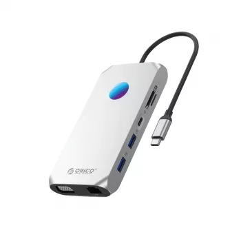 ORICO XCR Σταθμός σύνδεσης USB-C 12 σε 1 με RGB, 3x USB-A 3.1, 1x USB-A 2.0, 1x USB-C PD 100W, 1x USB-C 3.1, 1x HDMI 1.4 4K 30Hz, 1x VGA 1080p, 1x microSD/SD 3.0, 1x RJ45 Gigabit Ethernet, 1x Ήχος CTIA 3,5mm - Ασημί