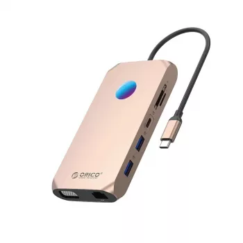 ORICO XCR 12w1 RGB Σταθμός σύνδεσης USB-C, 12 σε 1, 3x USB-A 3.1, 1x USB-A 2.0, 1x USB-C PD 100W, 1x USB-C 3.1, 1x HDMI 1.4 4K 30Hz, 1x VGA 1080p, 1x microSD/SD 3.0, 1x RJ45 Gigabit Ethernet, 1x Ήχος CTIA 3,5mm, Rose Gold